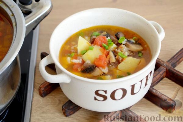 Суп с фаршем, рисом и обжаренными грибами